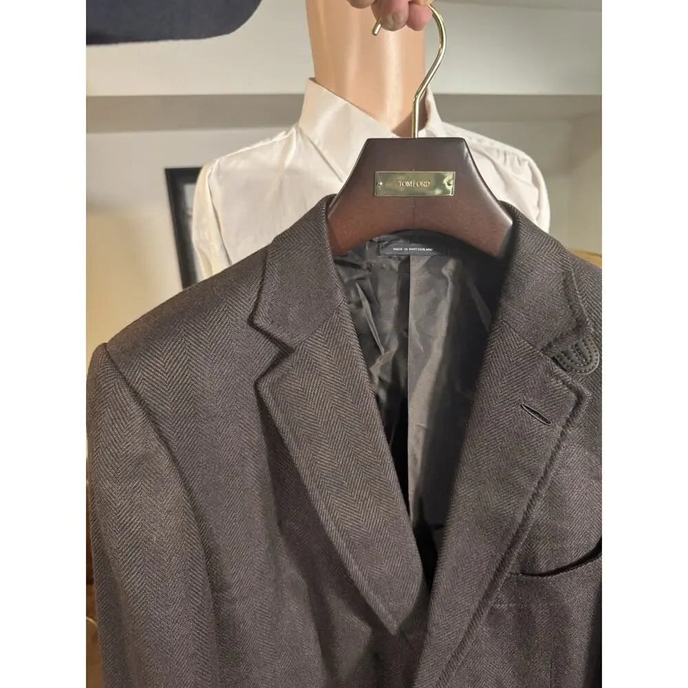 Tom Ford Brown Flannel Cashmere Herringbone Suede Storm Collar Blazer 54 44R